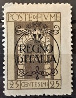 FIUME 1924 - MLH - Sc# 188 - 25c- "Regno D'Italia" - Fiume