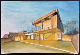 Korda Jelzéssel: Modern Ház. Akvarell-tus, Papír, 29×42 Cm - Sonstige & Ohne Zuordnung