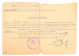 1944 Jászberény, M. Kir. 6. Honvéd Bevonulási Központ által Kiállított Igazolvány Katonai Alkalmatlanságról, Szakadt - Other & Unclassified