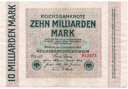 GERMANY 10 MILLIADREN MARK 1923 -CIRCOLATED - Zwischenscheine - Schatzanweisungen