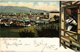 T3/T4 1905 Linz An Der Donau, General View. Montage With Folklore Lady In The Window (EB) - Ohne Zuordnung