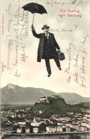 T2/T3 Salzburg, Flying Man With Umbrella, General View With The Castle (EK) - Unclassified