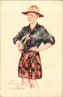 ** T2/T3 Skót Cserkész; Kiadja A Magyar Cserkész Szövetség / Boy Scout From Scotland, Art Postcard S: Márton L. (EK) - Non Classés