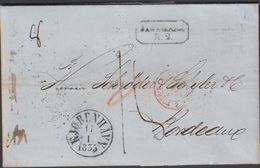 1855. DANEMARK R 2 + KJØBENHAVN 17 1 1855 To Bordeaux. Transit Cancels: KDOPA HAMBURG... () - JF321220 - ...-1851 Prephilately