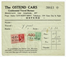 Ref 1343 - 1936 Belgium Tax Receipt - Ostend Cars - Fiscal Cinderella Stamps - Documenten
