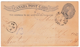 Entier Postal Montréal 1893 Quebec Canada Post Card - 1860-1899 Reinado De Victoria