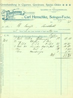SOLINGEN Foche Rechnung 1907 Deko " Carl Henschke CIGARREN GEWÜRZE SPEISEÖLE " - Alimentaire