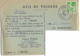 89 PARON Avis De Passage Laboratoire Pharmacie     ....G - Paron