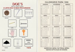 1996 Pocket Bolso Calendar Calandrier Calendario Portugal FAP Air Force Safety Segurança Prevenção FOD DOEs - Grand Format : 1991-00