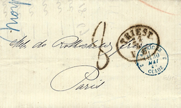 1868 - Lettre En Port Du De TRIEST Pour Paris-taxe 8d Tampon -entrée Bleue AUTRICHE 3 CULOZ 3 - Entry Postmarks
