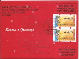 MACAU 2005 CHRITSMAS GREETING CARD & POSTAGE PAID COVER FIRST DAY USAGE WITH MONG HA POST CDS - Ganzsachen