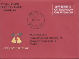 MACAU 2009 CHRISTMAS GREETING CARD & POSTAGE PAID COVER FIRST DAY USAGE WITH TERMINAL POST CDS - Entiers Postaux