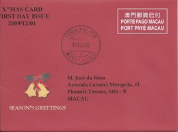 MACAU 2009 CHRISTMAS GREETING CARD & POSTAGE PAID COVER FIRST DAY USAGE WITH TERMINAL POST CDS - Enteros Postales