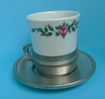 Old VTG Germany SKS Design ZINN 95% Metal Tea Coffee Cup Holder Cup Saucer Set - Other & Unclassified