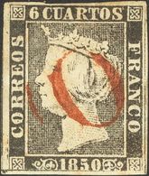 6 Cuartos Negro (I-24). Matasello "O", En Rojo De Lérida. MAGNIFICO Y RARO EN ESTA CALIDAD. - Autres & Non Classés