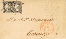 1850. 6 Cuartos Negro, Dos Sellos. SEVILLA A CADIZ. MAGNIFICA Y RARISIMA, POSIBLEMENTE SE TRATE DEL PRIMER USO DEL MATAS - Autres & Non Classés