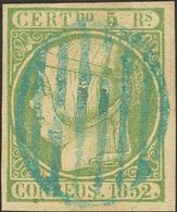 5 Reales Verde (invisible Doblez Horizontal). Matasello PARRILLA, En Azul. MAGNIFICO. (Edifil 2014: 300€) - Andere & Zonder Classificatie