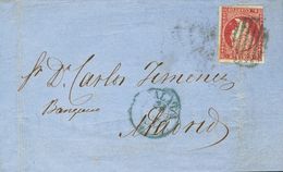 1856. 4 Cuartos Carmín. MALAGA A MADRID. Matasello PARRILLA, En Azul Y Al Dorso Fechador Ovalado MADRID / FRANCO. MAGNIF - Autres & Non Classés