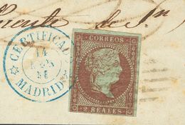 1855. 2 Reales Violeta, Sobre Fragmento. Matasello REJILLA Y Fechador CERTIFICADO / MADRID, En Azul. MAGNIFICO Y RARISIM - Andere & Zonder Classificatie