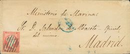 1856. 4 Cuartos Rojo. Dirigida A MADRID. Matasello PARRILLA, En Azul Y Al Dorso Fechador Ovalado MADRID / 6-AGOSTO-1856. - Autres & Non Classés
