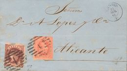 1864. 4 Cuartos Castaño Y 4 Cuartos Rojo. MADRID A ALICANTE. El Sello De 4 Cuartos Castaño Llevaba Más De Tres Meses Des - Other & Unclassified