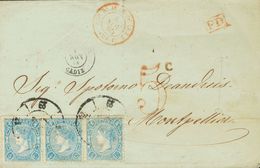 1865. 4 Cuartos Azul, Tira De Tres. MARSELLA A MONTPELLIER (FRANCIA), Circulada Privadamente Hasta SAN ROQUE, Donde Es D - Other & Unclassified