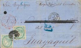 1869. 200 Mils Verde, Dos Sellos. BARCELONA A GUAYAQUIL (ECUADOR) (taladro De Archivo). Franqueo De Porte Simple (400 Mi - Sonstige & Ohne Zuordnung