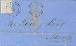 1880. 25 Cts Azul Gris. LAS PALMAS A MARSELLA (FRANCIA). Matasello Trébol LAS PALMAS / (CANARIAS). MAGNIFICA. - Other & Unclassified
