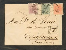 1887. 15 Cts Naranja, 30 Cts Lila Y 5 Cts Verde. Certificado De BARCELONA A COPENHAGUE (DINAMARCA). Matasello ESTAFETA D - Other & Unclassified