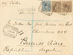 1893. 25 Cts Azul Y 40 Cts Castaño, Dos Sellos. Certificado De MADRID A BUENOS AIRES (ARGENTINA). Matasello CERTIFICADO  - Autres & Non Classés