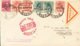 1930. 4 Pts Carmín Violeta, 50 Cts Azul Verdoso, Dos Sellos Y 1 Pts Carmín, Tres Sellos. Graf Zeppelin De MADRID A BUENO - Other & Unclassified