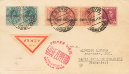 1930. 4 Pts Carmín Violeta, 50 Cts Azul Verdoso, Dos Sellos Y 1 Pts Carmín, Dos Sellos. Graf Zeppelin De MADRID A SANTA  - Autres & Non Classés