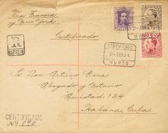 1931. 5 Cts Castaño, 30 Cts Carmín Y 20 Cts Lila. Certificado De MUROS DE NALON (ASTURIAS) A LA HABANA (CUBA). Al Dorso  - Other & Unclassified