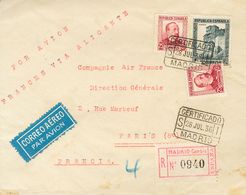 1936. 1 Pts Pizarra Y 25 Cts Carmín, Dos Sellos. Certificado De MADRID A PARIS (FRANCIA). En El Frente Texto Mecanografi - Sonstige & Ohne Zuordnung