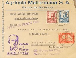 1938. 25 Cts Carmín, 1 Pts Azul Y Benéfico De 10 Cts Rojo. PALMA DE MALLORCA A LONDRES (GRAN BRETAÑA). En El Frente Marc - Autres & Non Classés