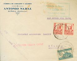 1937. 30 Cts Carmín, Dos Sellos Y Benéfico De 5 Cts Azul. BUÑOLA (BALEARES) A MALAGA. En El Frente Marca POR AVION HASTA - Andere & Zonder Classificatie