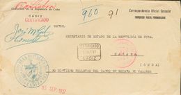 1937. Certificado De CADIZ A LA HABANA (CUBA), Circulada Vía Badajoz Y Lisboa. En El Frente Texto Impreso CORRESPONDENCI - Other & Unclassified