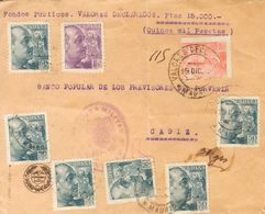 1939. 50 Cts Azul Negro, Seis Sellos, 4 Pts Violeta Y 10 Cts Naranja. Valor Declarado De MADRID A CADIZ. Al Dorso Llegad - Autres & Non Classés