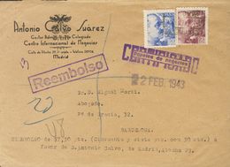 1943. 25 Cts Lila Carmín Y 70 Cts Azul. Reembolso De MADRID A BARCELONA. BONITA. - Otros & Sin Clasificación