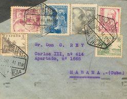 1941. 25 Cts Lila, 70 Cts Azul, 1 Pts Negro, 4 Pts Carmín, 5 Cts Sepia Y 15 Cts Verde. VALENCIA A LA HABANA (CUBA). Al D - Autres & Non Classés