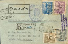 1940. 1 Pts Negro, 70 Cts Azul, 4 Pts Violeta Y 5 Cts Sepia. Certificado De AGUILAS A LA HABANA (CUBA). En El Frente Mar - Other & Unclassified