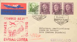 1948. 15 Cts Amarillo Y 1'35 Pts Violeta, Tres Sellos. Certificado De MADRID A BATA (GUINEA). En El Frente Marca PRIMER  - Sonstige & Ohne Zuordnung