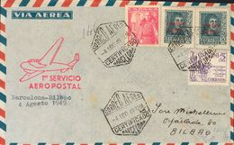 1949. 5 Cts Violeta, 50 Cts Pizarra, Dos Sellos Y 45 Cts Rosa. Certificado De BARCELONA A BILBAO. En El Frente Marca 1ER - Other & Unclassified