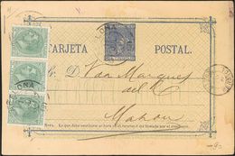 1881. 5 Cts Ultramar Sobre Tarjeta Entero Postal De BARCELONA A MAHON, Con Franqueo Complementario De 5 Cts Verde, Tira  - Other & Unclassified