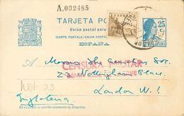 1937. 25 Cts Azul Sobre Tarjeta Entero Postal De SANTA CRUZ DE TENERIFE A LONDRES (GRAN BRETAÑA), Con Franqueo Complemen - Otros & Sin Clasificación