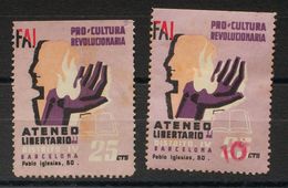 25 Cts Multicolor Y 10 Cts Sobre 25 Cts Multicolor. F.A.I. PRO CULTURA REVOLUCIONARIA. ATENEO LIBERTARIO. BONITAS Y RARA - Autres & Non Classés