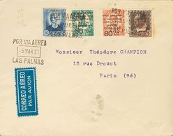 1937. Serie Completa (80 Cts Y 1'25 Pts 2ª Tirada) Y 50 Cts Azul. LAS PALMAS A PARIS (FRANCIA). Al Dorso Llegada. BONITA - Sonstige & Ohne Zuordnung