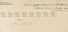 PRUEBA DE LA IMPRONTA DE SOBRECARGA DE 50 CTS, En Tira De Ocho, En Verde, Con Anotaciones Manuscritas De La Tirada Y Cor - Sonstige & Ohne Zuordnung