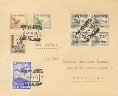 1937. 1'25 Pts Sobre 10 Cts Verde, Bloque De Cuatro, Dos Sellos SOBRECARGA INVERTIDA Y Diversos Valores. LAS PALMAS A SE - Sonstige & Ohne Zuordnung