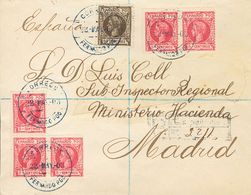 1903. 5 Cts Carmín, Cinco Sellos Y 50 Cts Castaño. Certificado De FERNANDO POO A MADRID (dirección Recortada Y Reconstru - Other & Unclassified